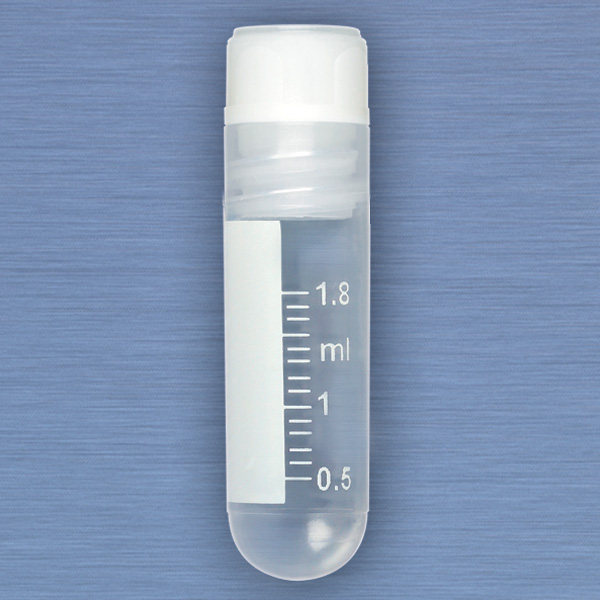 Globe Scientific CryoCLEAR vials, 2.0mL, STERILE, Internal Threads, Attached Screwcap with Co-Molded Thermoplastic Elastomer (TPE) Sealing Layer, Round Bottom, Printed Graduations, Writing Space and Barcode, 50/Bag Image